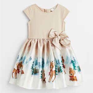 H&M Kids Flared-Skirt Dress with Snowy Winter Reindeer and Cabin Print and Bow